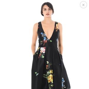 eShakti Plunge Floral Bouquet Print Dupioni Dress